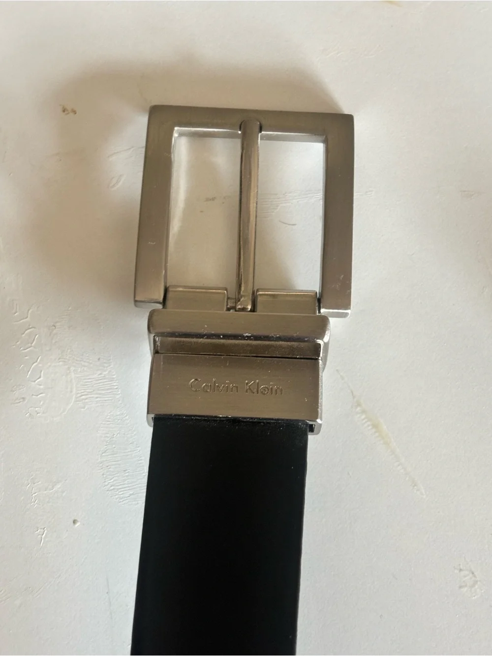 Calvin Klein reversible Polished Silver-Tone Buckle Black Leather Belt